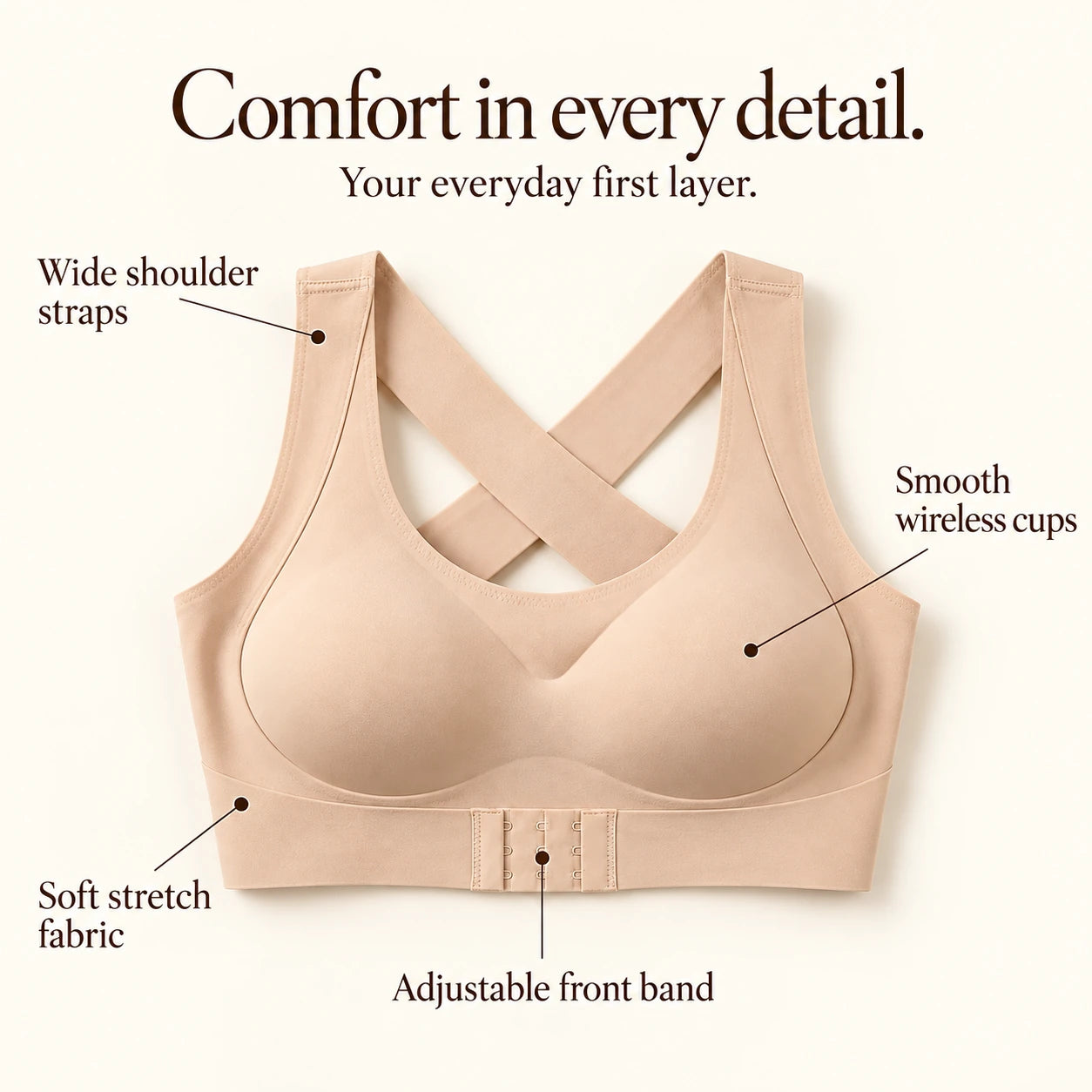 Front details: wide shoulder straps, smooth wireless cups, soft stretch fabric and an adjustable front band.