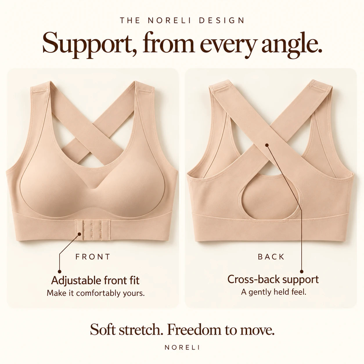 NORELI front and back comparison: adjustable fastening at the front; broad crossing straps and a continuous plain band at the back. Soft stretch for freedom of movement.